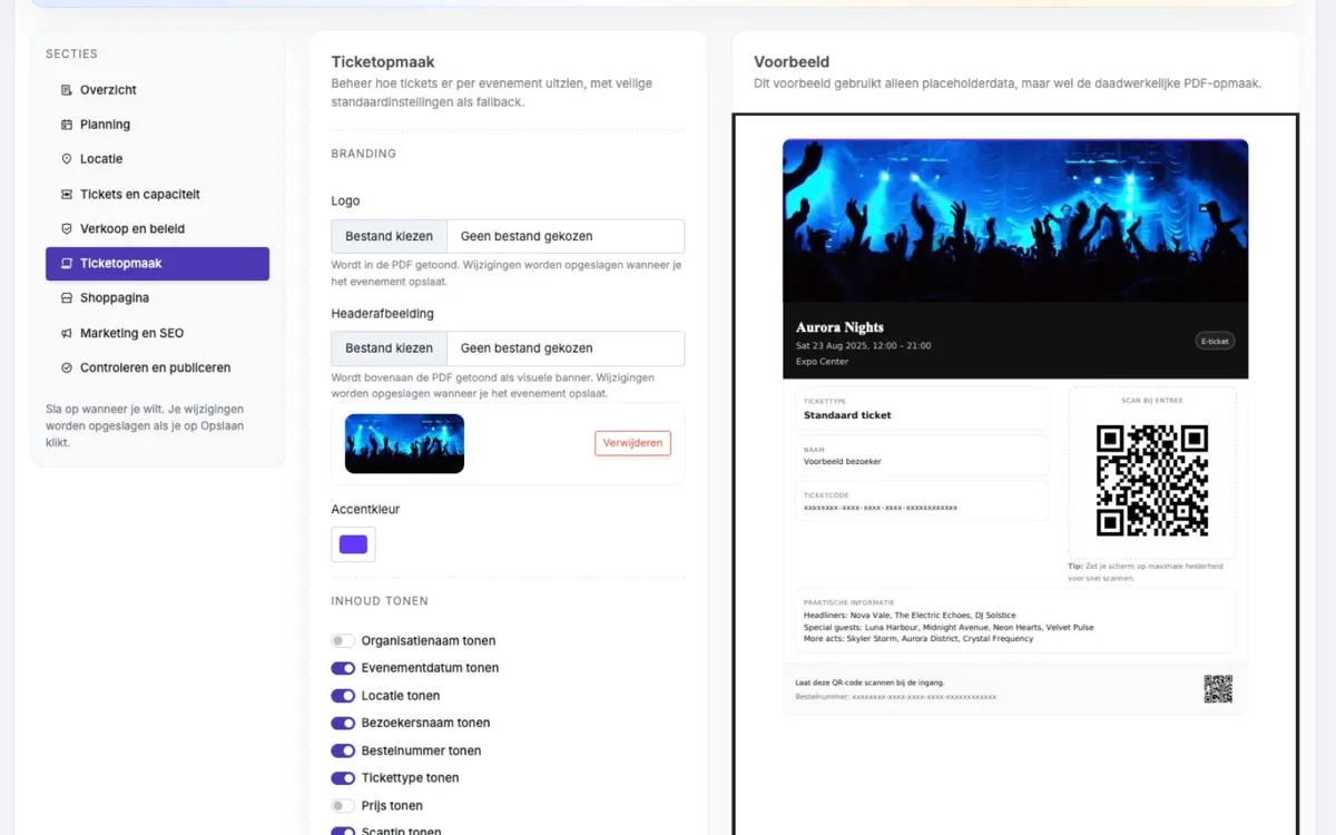 Voorbeeld van de ticket designer in Bookler